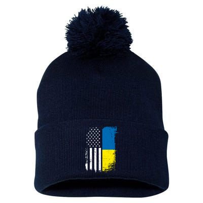 Distressed USA Ukraine Flag Stand With Ukraine Pom Pom 12in Knit Beanie