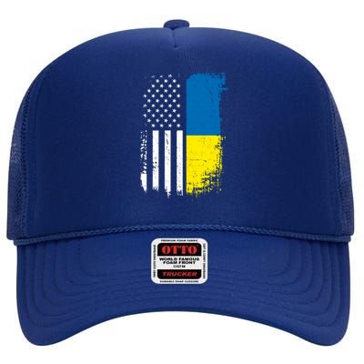 Distressed USA Ukraine Flag Stand With Ukraine High Crown Mesh Back Trucker Hat