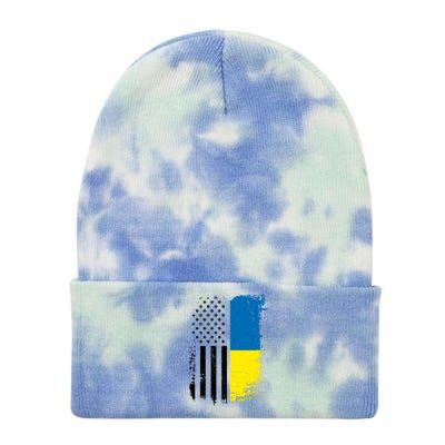 Distressed USA Ukraine Flag Stand With Ukraine Tie Dye 12in Knit Beanie