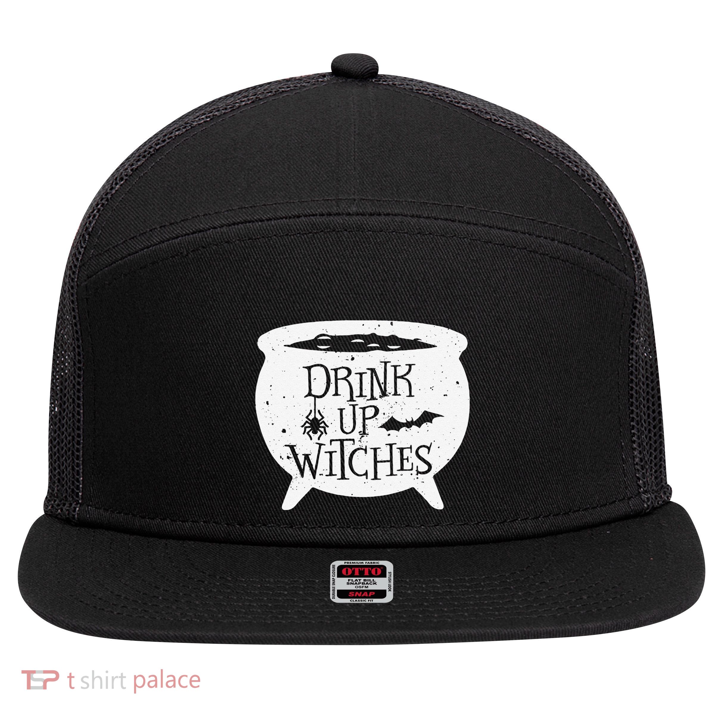 Drink Up Witches Funny Witch Cauldron Halloween 7 Panel Mesh Trucker Snapback Hat