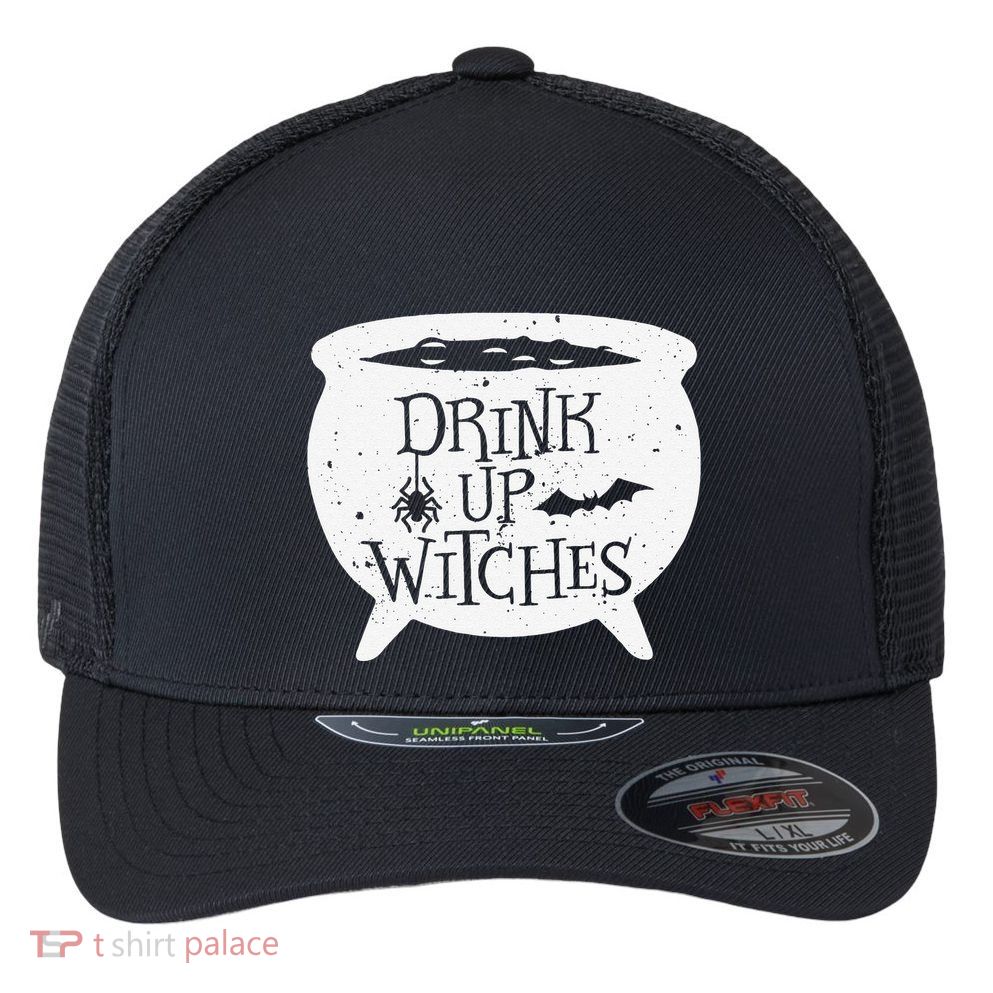 Drink Up Witches Funny Witch Cauldron Halloween Flexfit Unipanel Trucker Cap