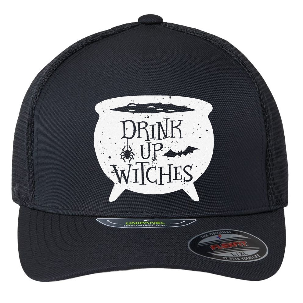 Drink Up Witches Funny Witch Cauldron Halloween Flexfit Unipanel Trucker Cap