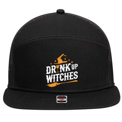 Drink Up Witches Funny Halloween Witch Drinking Wine 7 Panel Mesh Trucker Snapback Hat