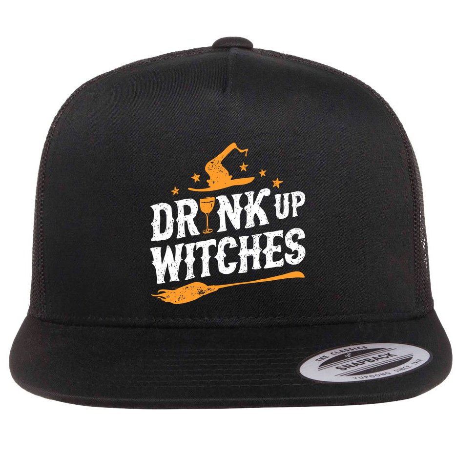 Drink Up Witches Funny Halloween Witch Drinking Wine Flat Bill Trucker Hat