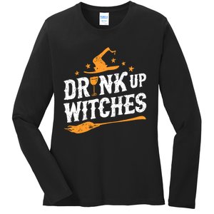 Drink Up Witches Funny Halloween Witch Drinking Wine Ladies Long Sleeve Shirt