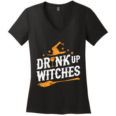 Drink Up Witches Funny Halloween Witch Drinking Wine Women's V-Neck T-Shirt