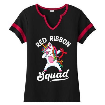 Dabbing unicorn We Wear Red For Red Ribbon Week Awareness Ladies Halftime Notch Neck Tee