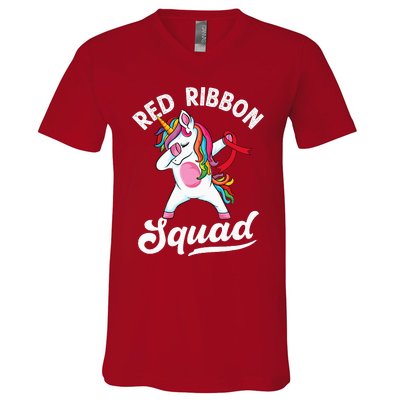 Dabbing unicorn We Wear Red For Red Ribbon Week Awareness V-Neck T-Shirt