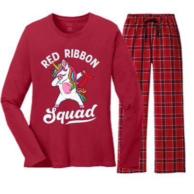 Dabbing unicorn We Wear Red For Red Ribbon Week Awareness Women's Long Sleeve Flannel Pajama Set 