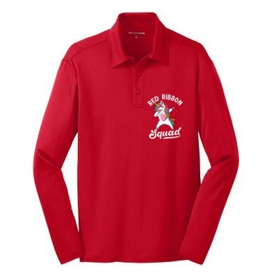 Dabbing unicorn We Wear Red For Red Ribbon Week Awareness Silk Touch Performance Long Sleeve Polo