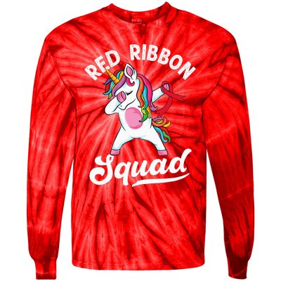 Dabbing unicorn We Wear Red For Red Ribbon Week Awareness Tie-Dye Long Sleeve Shirt