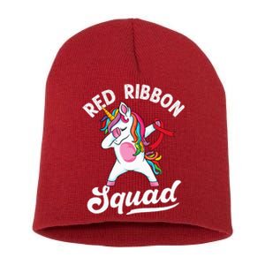 Dabbing unicorn We Wear Red For Red Ribbon Week Awareness Short Acrylic Beanie