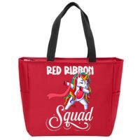 Dabbing unicorn We Wear Red For Red Ribbon Week Awareness Zip Tote Bag