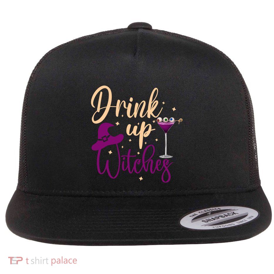 Drink Up Witches Wine Lover Drinking Halloween Flat Bill Trucker Hat