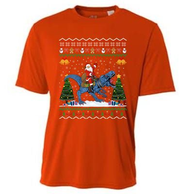 Dinosaur Ugly Xmas Gift Santa Riding Dinosaur Christmas Gift Cooling Performance Crew T-Shirt