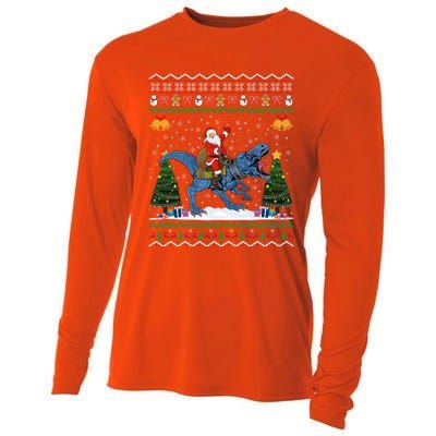 Dinosaur Ugly Xmas Gift Santa Riding Dinosaur Christmas Gift Cooling Performance Long Sleeve Crew