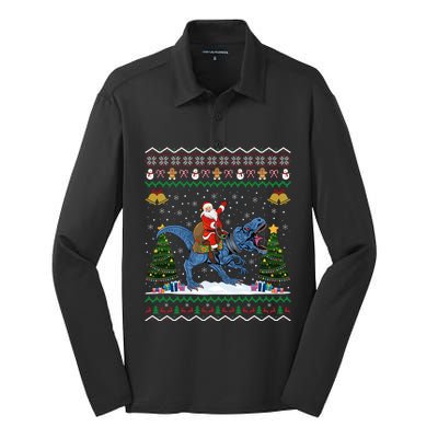 Dinosaur Ugly Xmas Gift Santa Riding Dinosaur Christmas Gift Silk Touch Performance Long Sleeve Polo