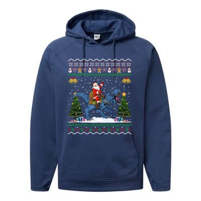 Dinosaur Ugly Xmas Gift Santa Riding Dinosaur Christmas Gift Performance Fleece Hoodie