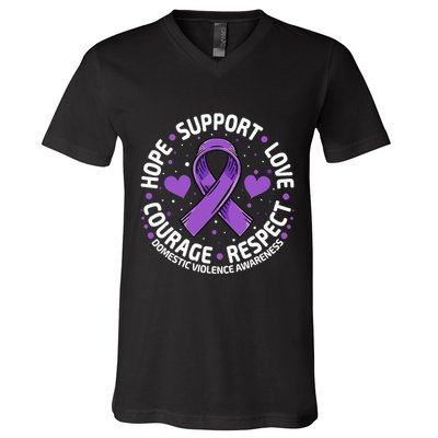 Domestic Violence Awareness LOVE SUPPORT Purple Ribbon V-Neck T-Shirt