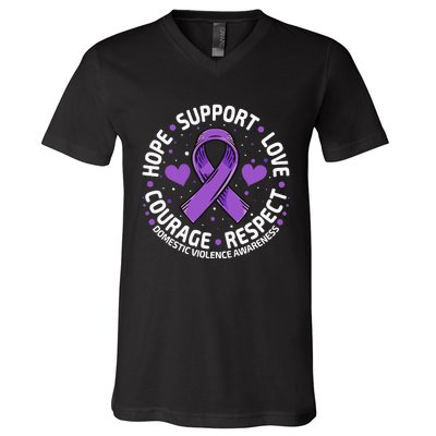 Domestic Violence Awareness LOVE SUPPORT Purple Ribbon V-Neck T-Shirt