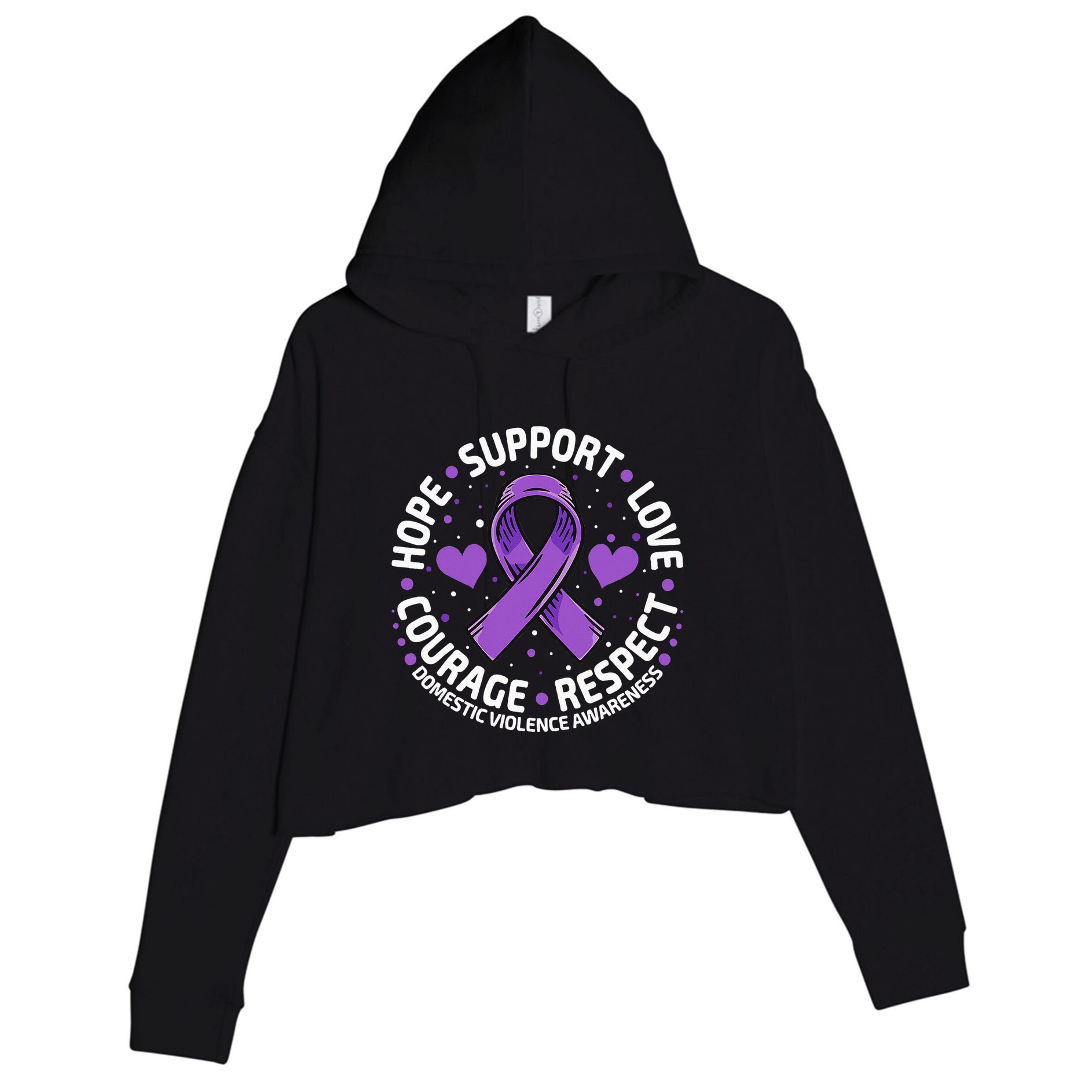 Domestic Violence Awareness LOVE SUPPORT Purple Ribbon Crop Fleece Hoodie