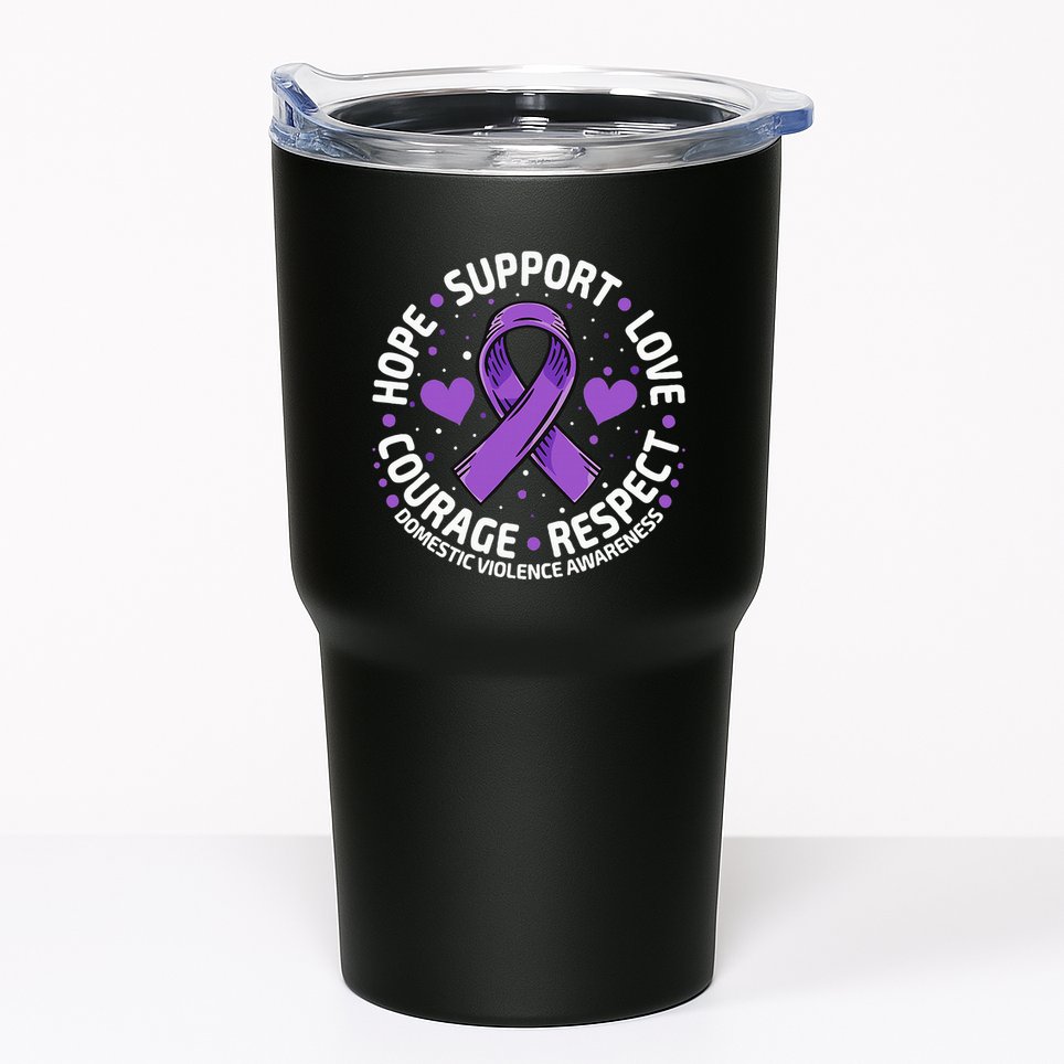 Domestic Violence Awareness LOVE SUPPORT Purple Ribbon Tumbler
