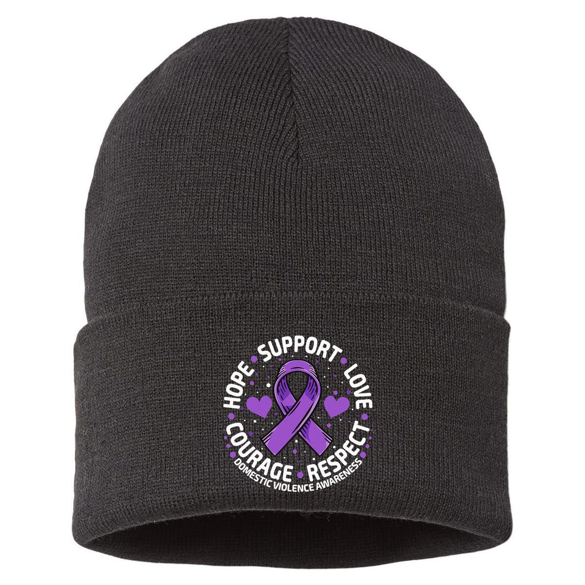 Domestic Violence Awareness LOVE SUPPORT Purple Ribbon Sustainable Knit Beanie