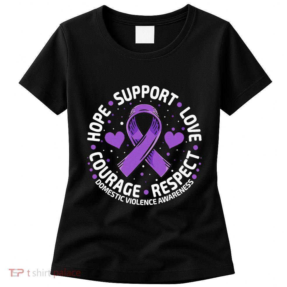 Domestic Violence Awareness LOVE SUPPORT Purple Ribbon Womens T-Shirt