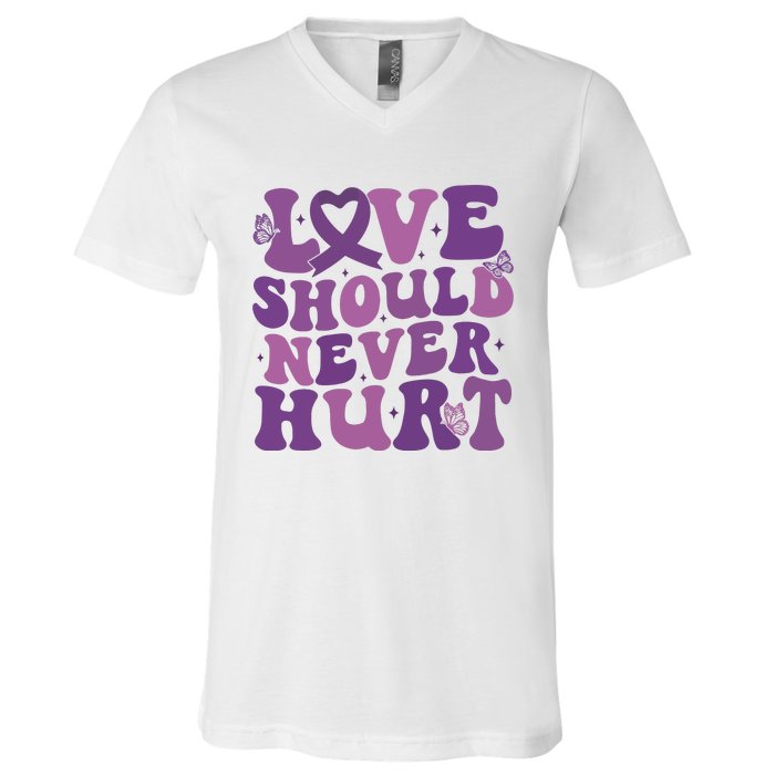 Domestic Violence Awareness Love Should Never Hurt V-Neck T-Shirt