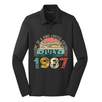 Distressed Vintage Awesome Since July 1987 36th Birthday Silk Touch Performance Long Sleeve Polo