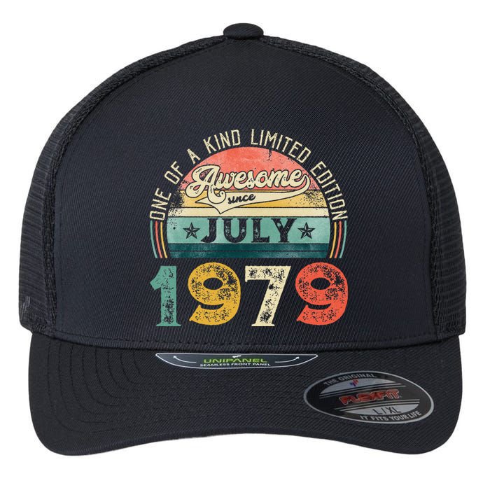 Distressed Vintage Awesome Since July 1979 44th Birthday Flexfit Unipanel Trucker Cap