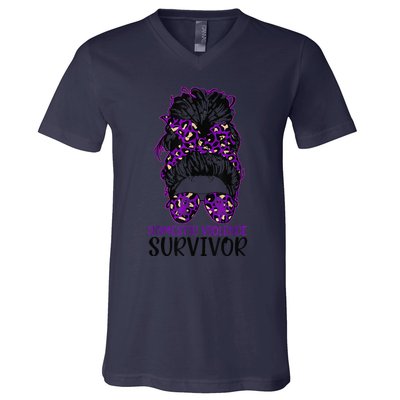 Domestic Violence Aware Messy Bun Domestic Violence Survivor V-Neck T-Shirt