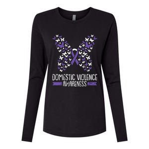 Domestic Violence Awareness Purple Ribbon Butterfly Warrior Womens Cotton Relaxed Long Sleeve T-Shirt