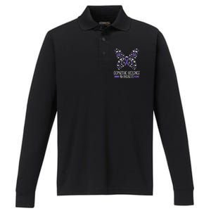 Domestic Violence Awareness Purple Ribbon Butterfly Warrior Performance Long Sleeve Polo