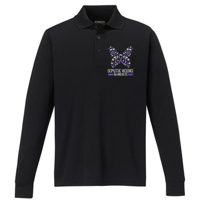 Domestic Violence Awareness Purple Ribbon Butterfly Warrior Performance Long Sleeve Polo