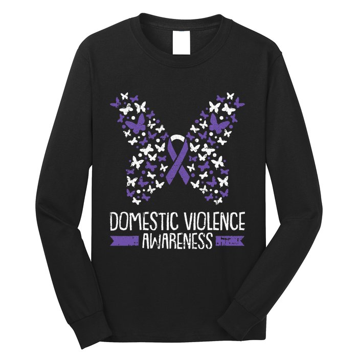 Domestic Violence Awareness Purple Ribbon Butterfly Warrior Long Sleeve Shirt