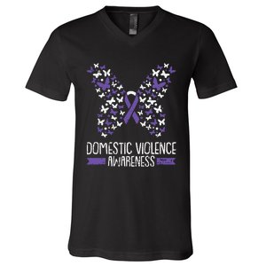 Domestic Violence Awareness Purple Ribbon Butterfly Warrior V-Neck T-Shirt