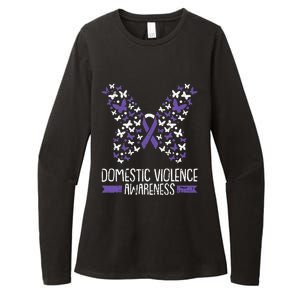 Domestic Violence Awareness Purple Ribbon Butterfly Warrior Womens CVC Long Sleeve Shirt