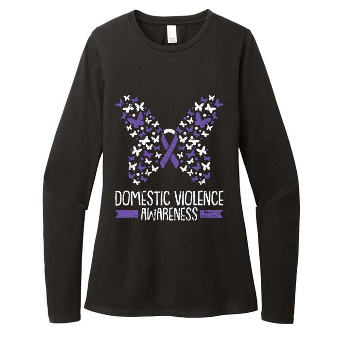 Domestic Violence Awareness Purple Ribbon Butterfly Warrior Womens CVC Long Sleeve Shirt