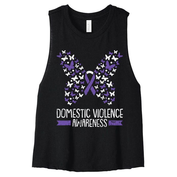 Domestic Violence Awareness Purple Ribbon Butterfly Warrior Women's Racerback Cropped Tank