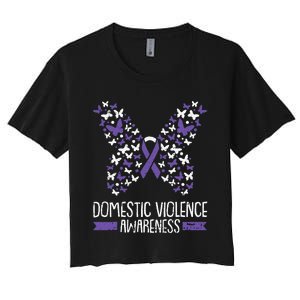 Domestic Violence Awareness Purple Ribbon Butterfly Warrior Women's Crop Top Tee