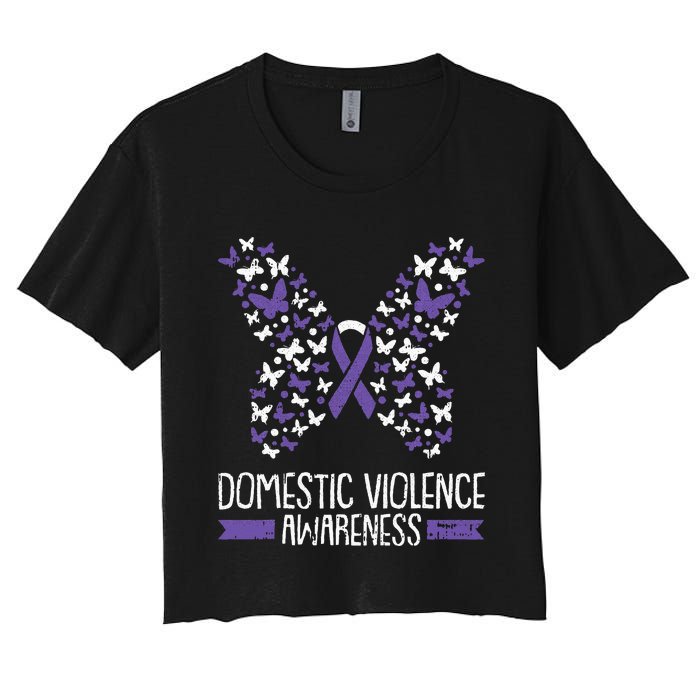 Domestic Violence Awareness Purple Ribbon Butterfly Warrior Women's Crop Top Tee