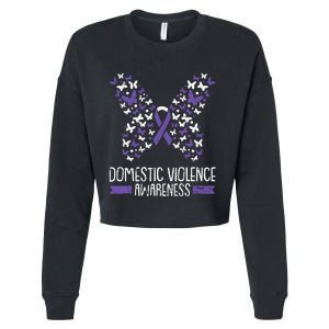 Domestic Violence Awareness Purple Ribbon Butterfly Warrior Cropped Pullover Crew