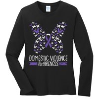 Domestic Violence Awareness Purple Ribbon Butterfly Warrior Ladies Long Sleeve Shirt