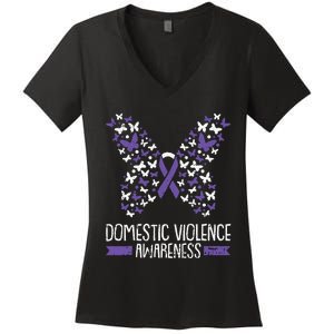 Domestic Violence Awareness Purple Ribbon Butterfly Warrior Women's V-Neck T-Shirt