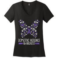 Domestic Violence Awareness Purple Ribbon Butterfly Warrior Women's V-Neck T-Shirt