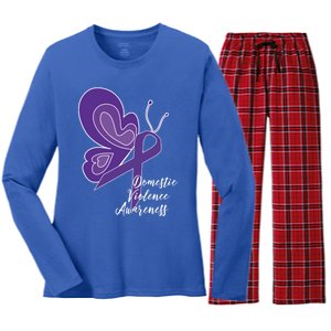 Domestic Violence Awareness Abuse Purple Ribbon Butterfly Cute Gift Women's Long Sleeve Flannel Pajama Set 