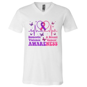 Domestic Violence & Breast Cancer Awareness Month Warrior V-Neck T-Shirt