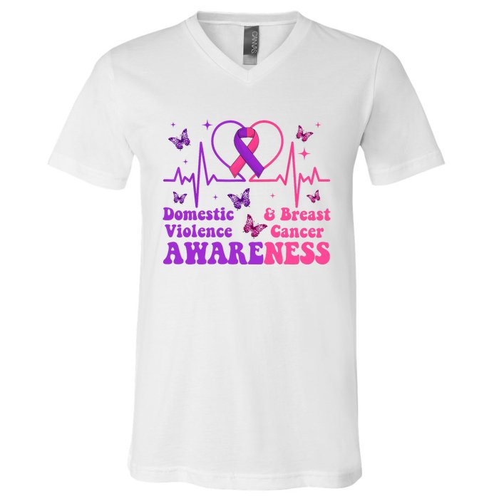 Domestic Violence & Breast Cancer Awareness Month Warrior V-Neck T-Shirt