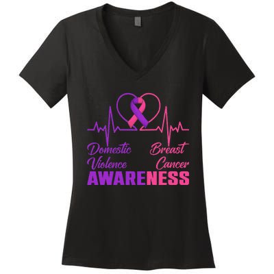 Domestic Violence & Breast Cancer Awareness Month Warrior Gift Women's V-Neck T-Shirt